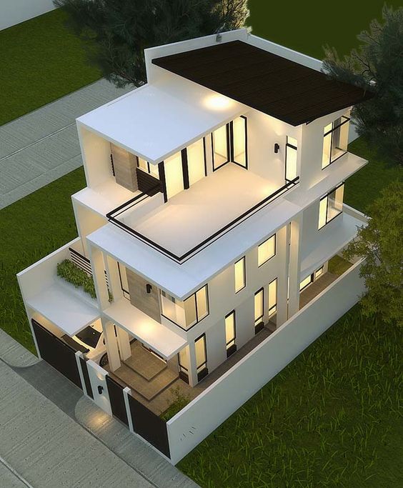 Hình ảnh phối cảnh 3D mẫu nhà ống lệch tầng có thiết kế đơn giản, phối màu đen - trắng cá tính.