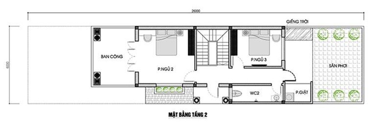Hình ảnh bản vẽ thiết kế mặt bằng tầng 2 nhà ống hiện đại.