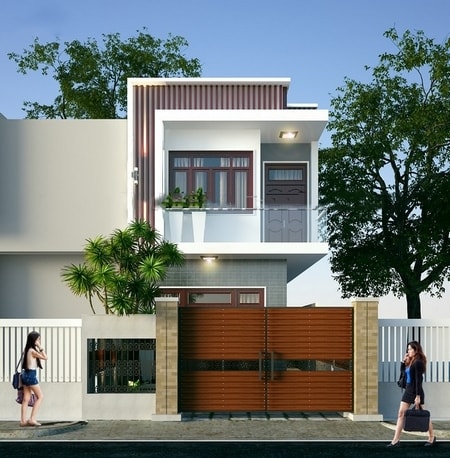 Hình ảnh phối cảnh 3D mẫu nhà ống 2 tầng 3 phòng ngủ phong cách hiện đại.