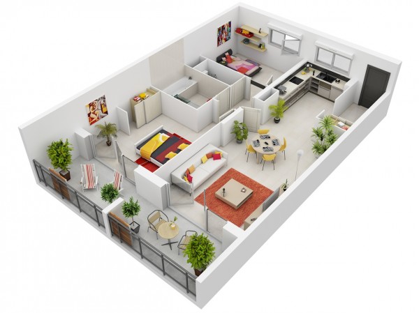 Mẫu 3D căn hộ 2 phòng ngủ sử dụng tông màu trắng chủ đạo