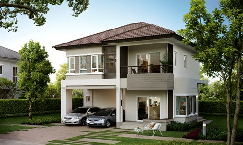Hình ảnh mẫu biệt thự 2 tầng có gara ô tô phía trước nhà, mái lợp ngói ấm áp