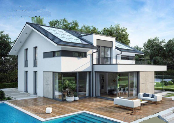 Hình ảnh mẫu biệt thự vườn hiện đại, nổi bật với khoảng sân hiên lát gỗ, cạnh đó là bể bơi xanh mát