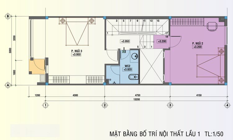 mặt bằng tầng 2 nhà phố 3 tầng