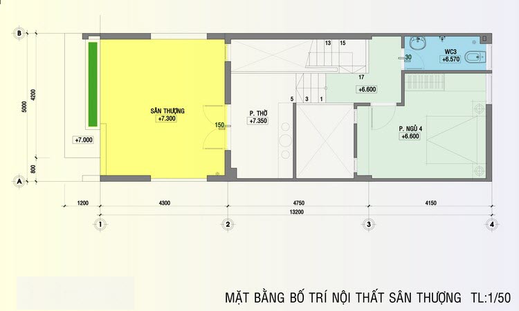 mặt bằng tầng 3 nhà phố 3 tầng
