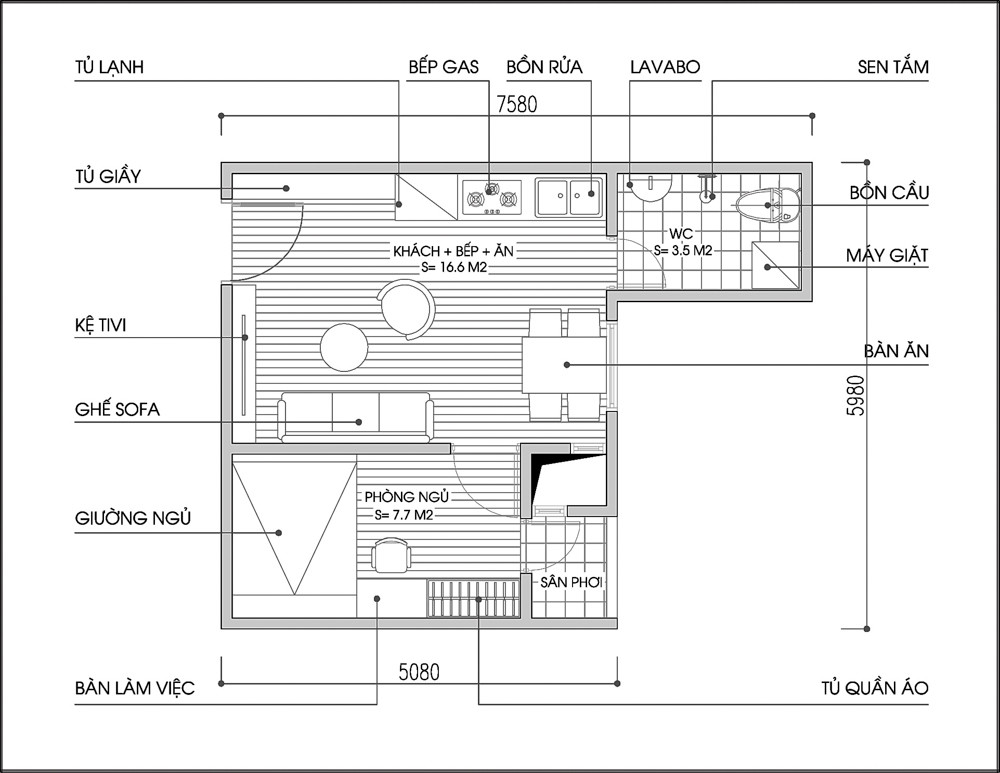 Bản vẽ mặt bằng căn hộ thuê 31m2 sau khi tư vấn