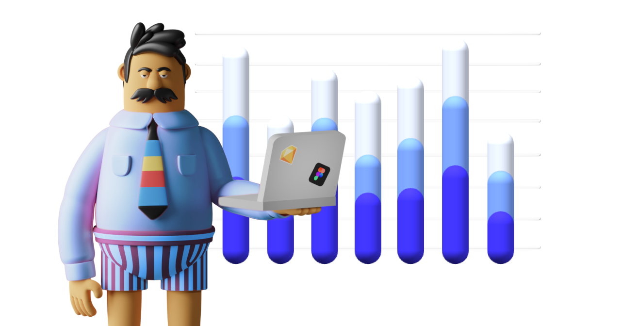 a tired sales representative in his shirt and underwear is standing and holding a computer, data chart in the background