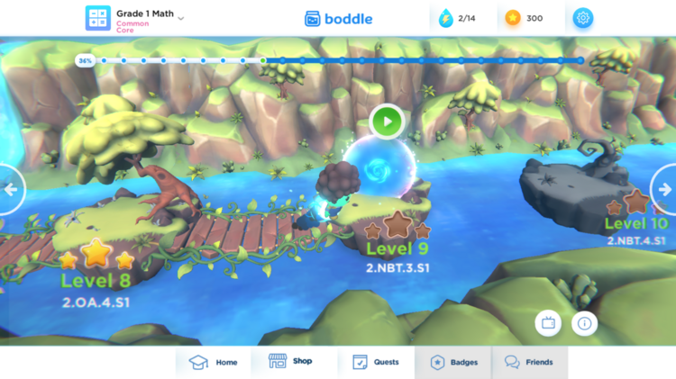 Boddle Learning's video game features colorful scenes and math content for a variety of grades.