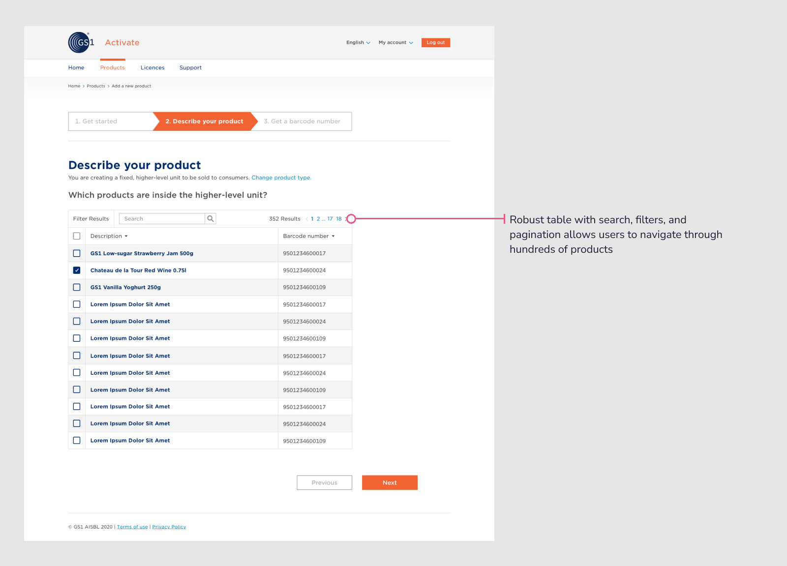 A web page design showing a robust table with search, filters, and pagination allowing the user to navigate through hundreds of products