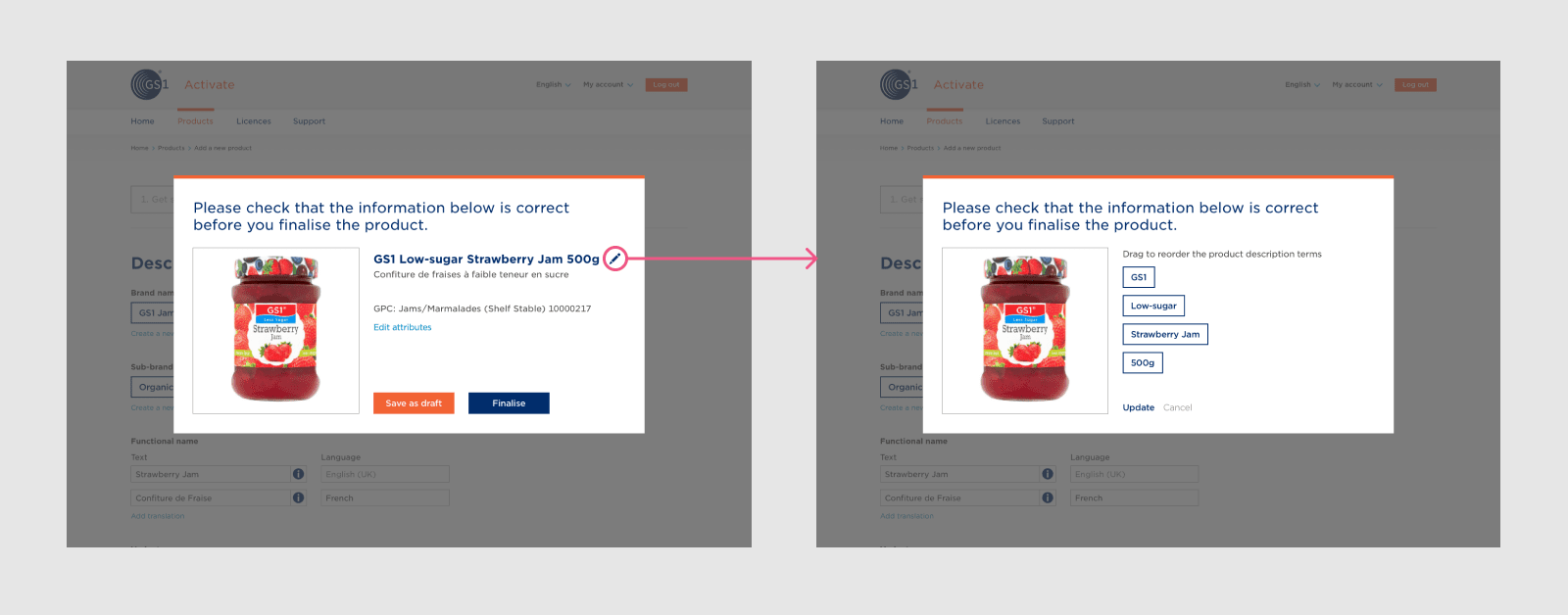A web page design showing how users can edit the automatically-generated product name