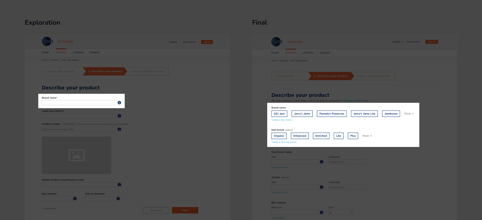 Two screens with highlighted portions showing data entry updates for brands and subbrands