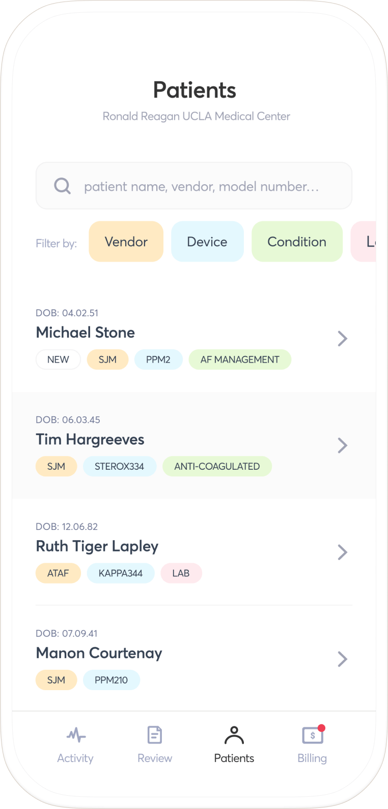 A page of the app showing a patient list inside an iPhone