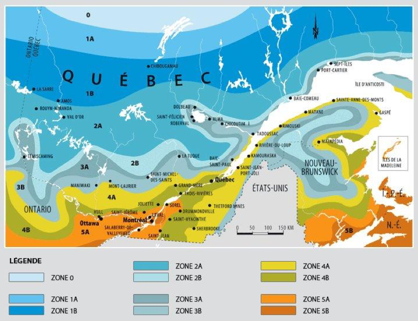 Carte des zones de rusticité du Québec