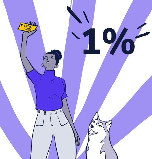 Uma pessoa feliz por ter recebido 1% de desconto na husky