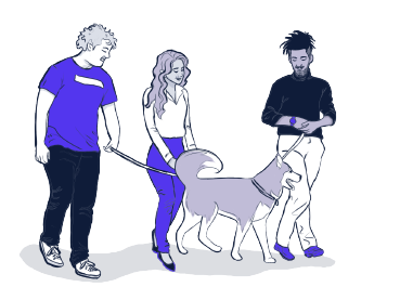 Amigos passeando com um husky