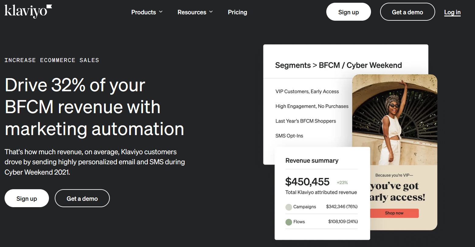 A screenshot of Klaviyo’s home page. The landing page features a CTA reading, “Get a demo.”