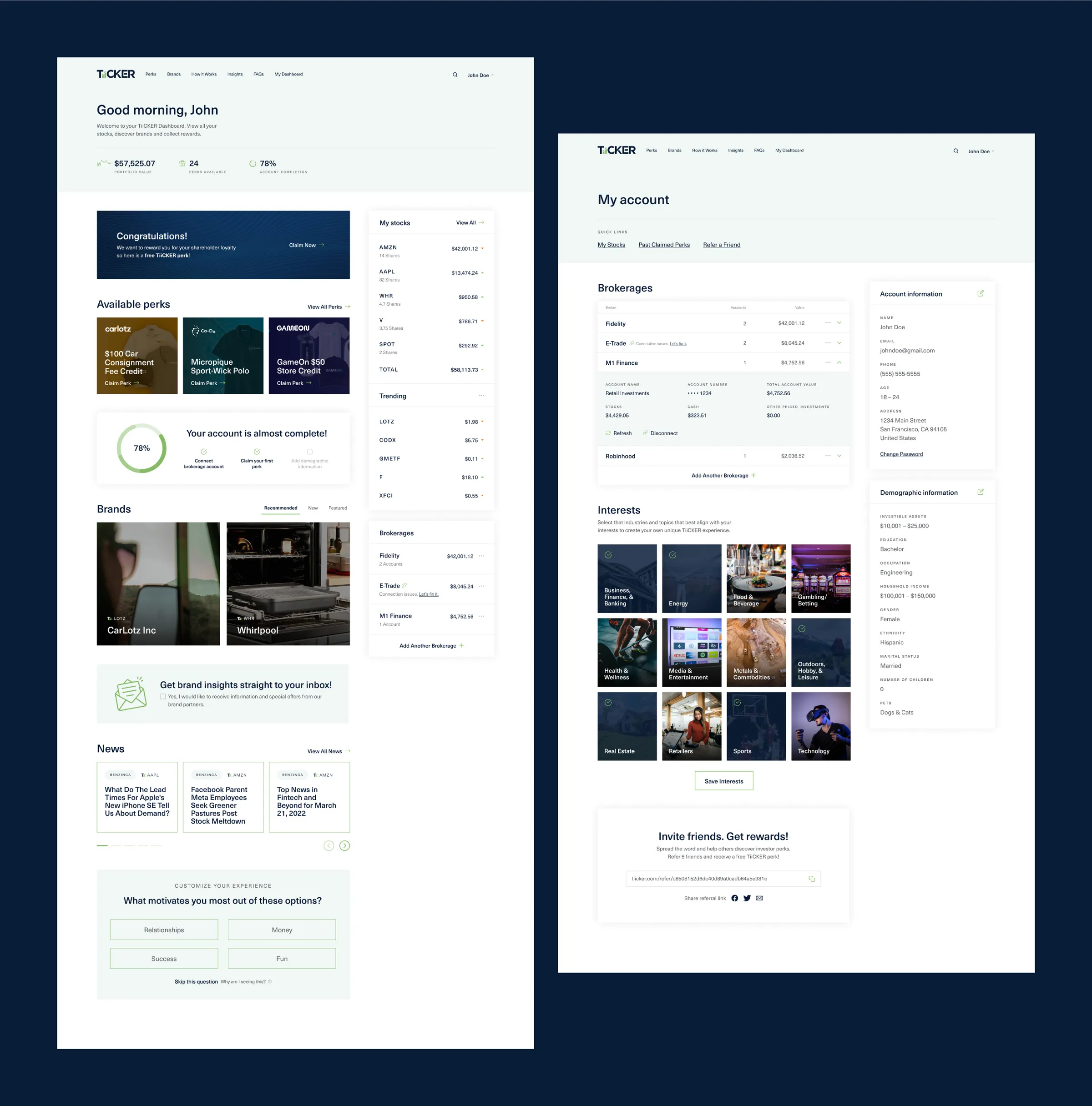 User dashboard design and layout