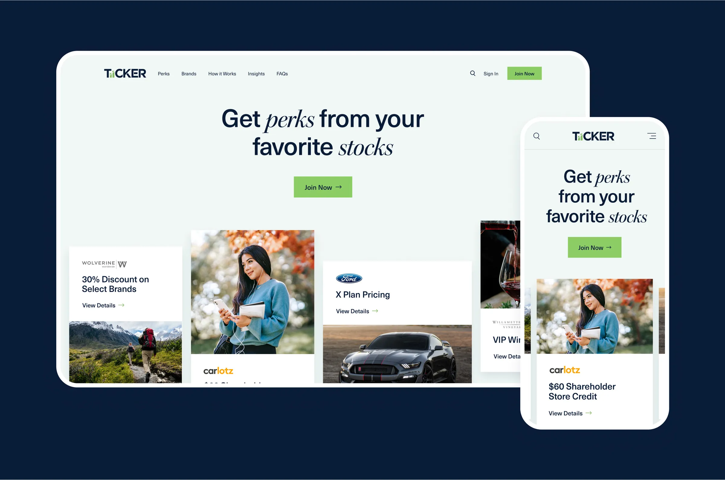 Final homepage UI design for company that offers stock perks to investors
