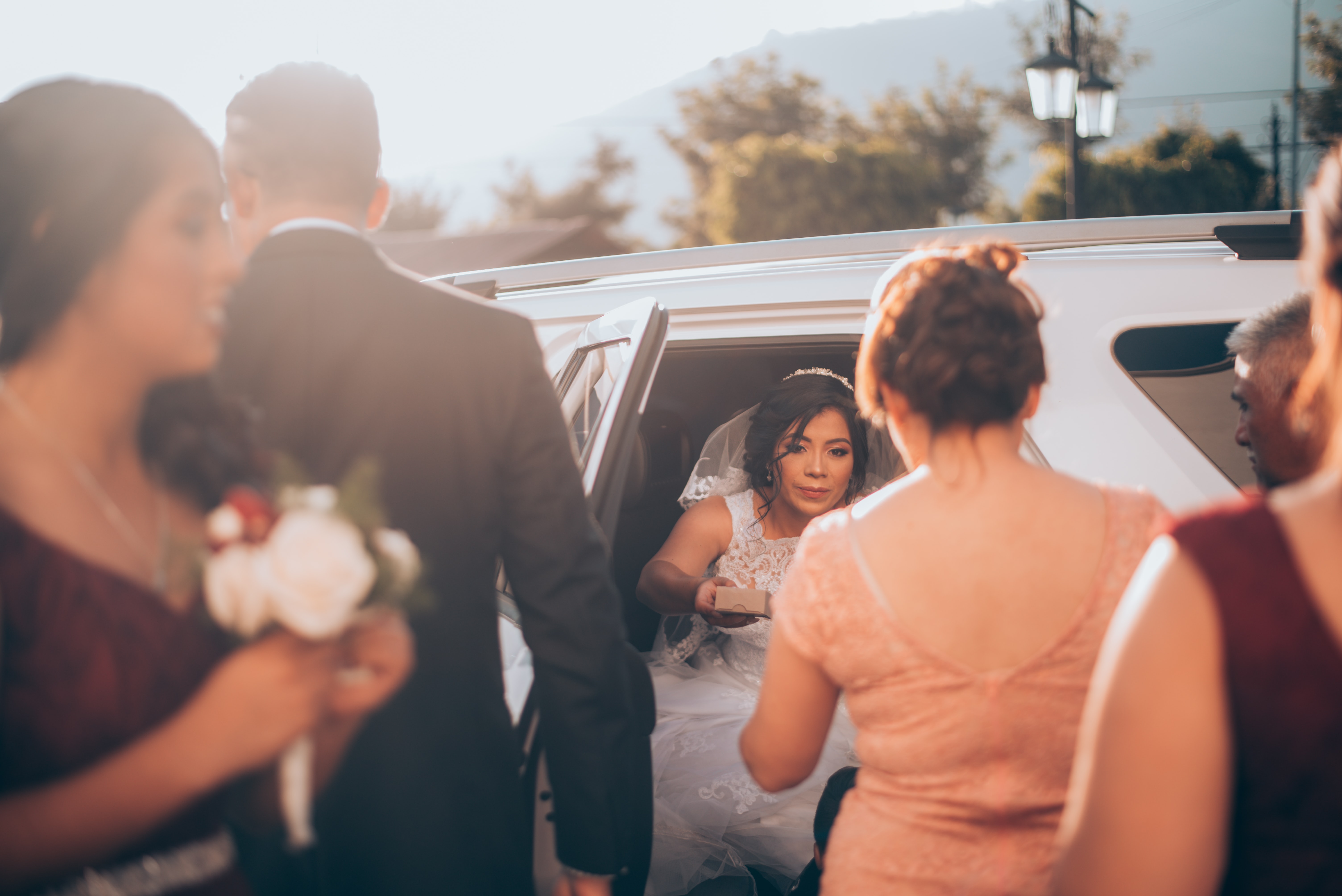 Bride getting out of a limousine