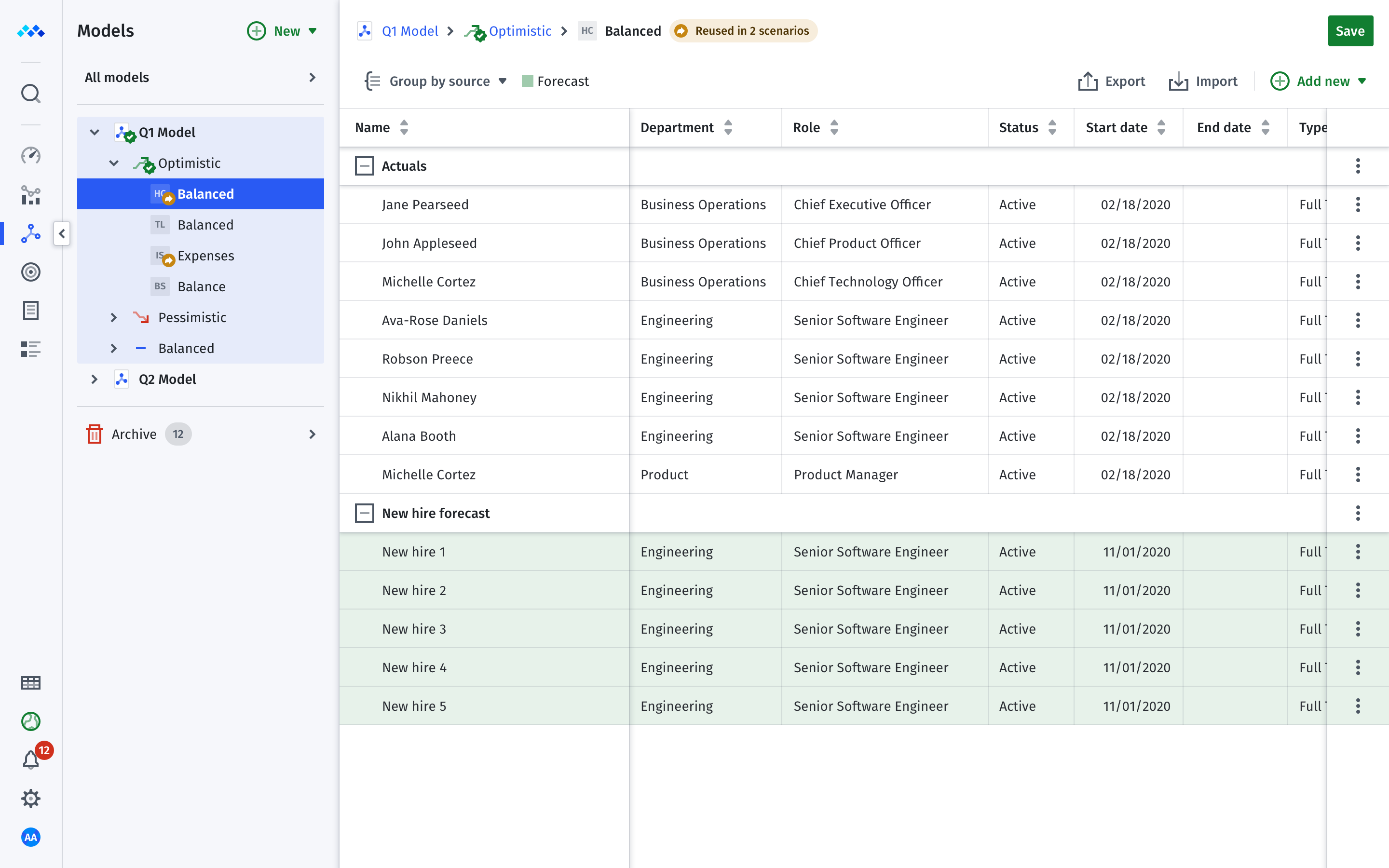 forecasting hiring plan in headcount planner Mosaic Strategic Finance Platform