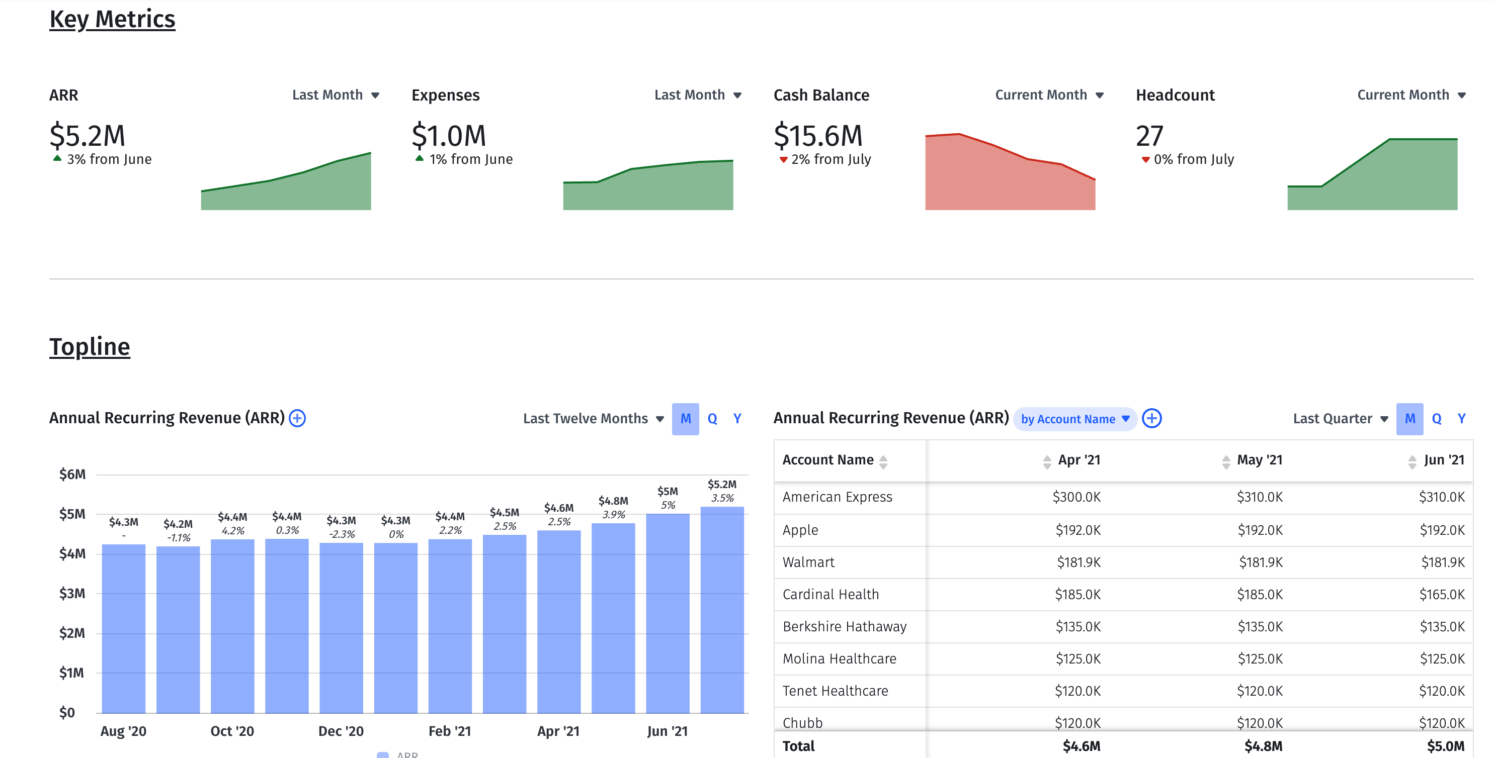 executive financial dashboard example arr expenses topline net burn headcount