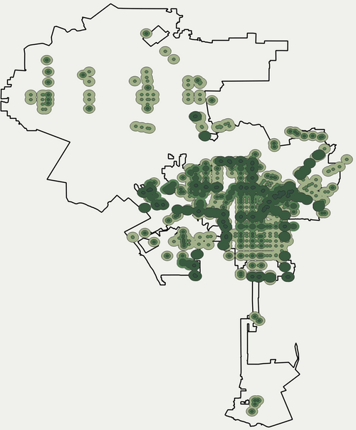 Map of tiers of Transit Oriented Communities program in the City of Los Angeles laid over the boundary of the city.
