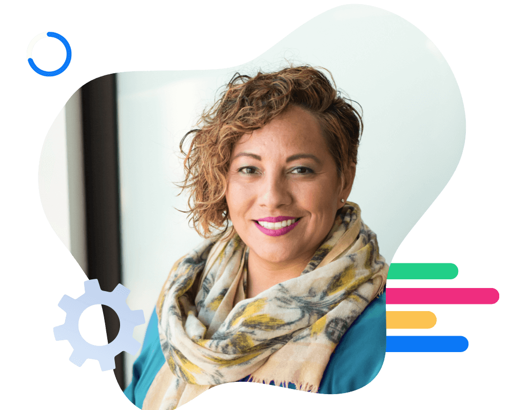 woman with graph icons around her