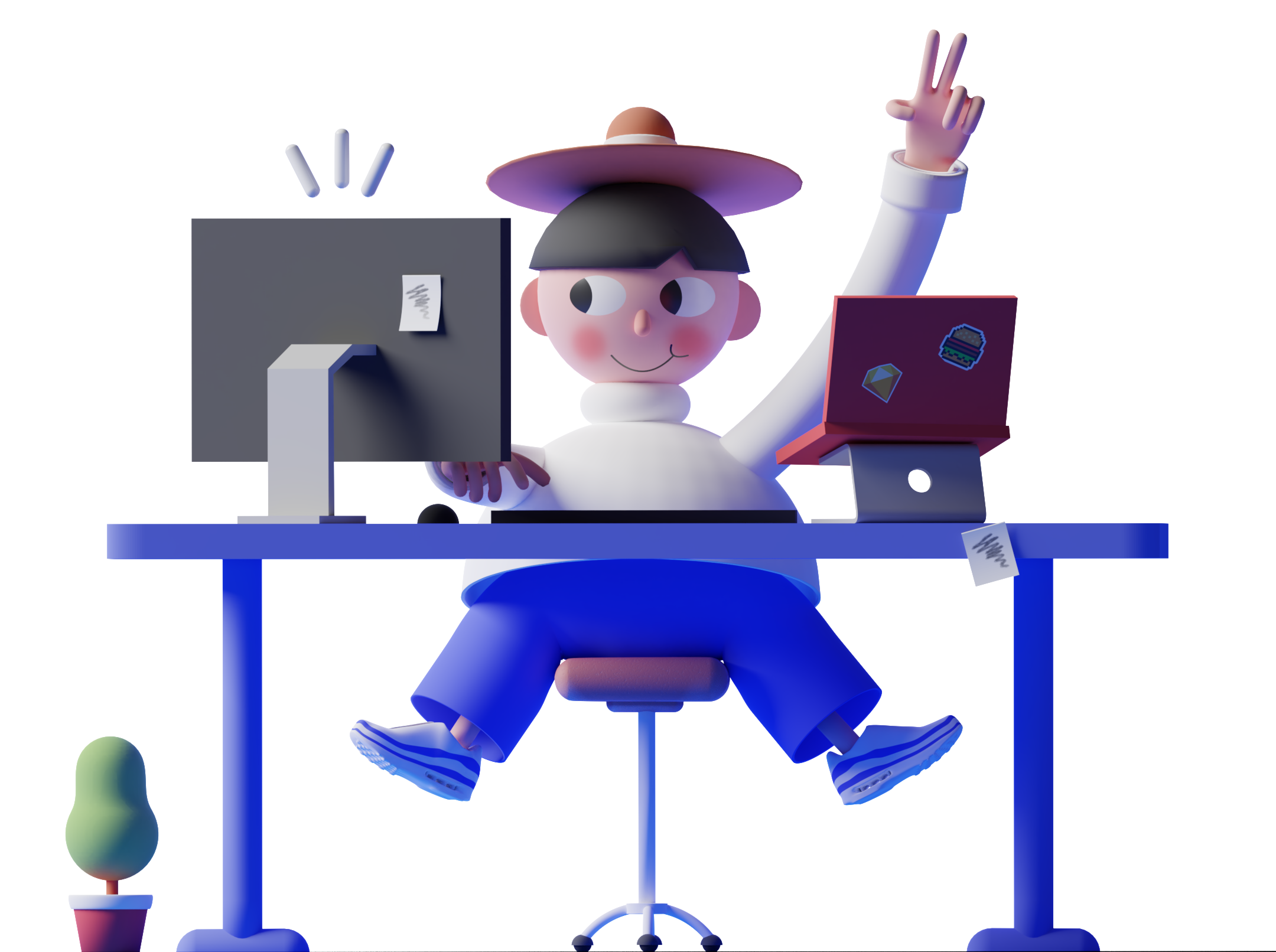 A 3D animation of a boy in a desk being happy.