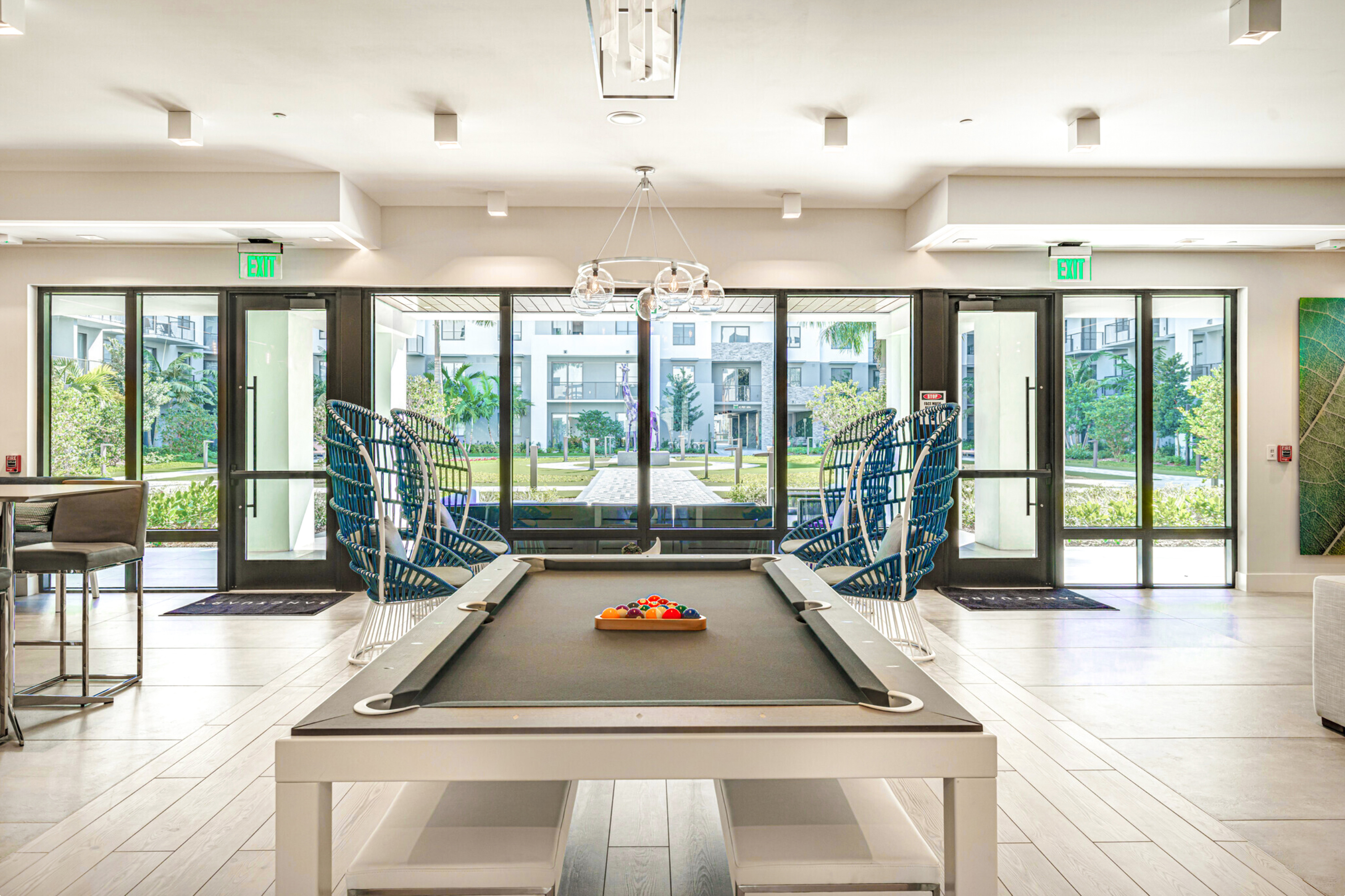 Pool table with courtyard view