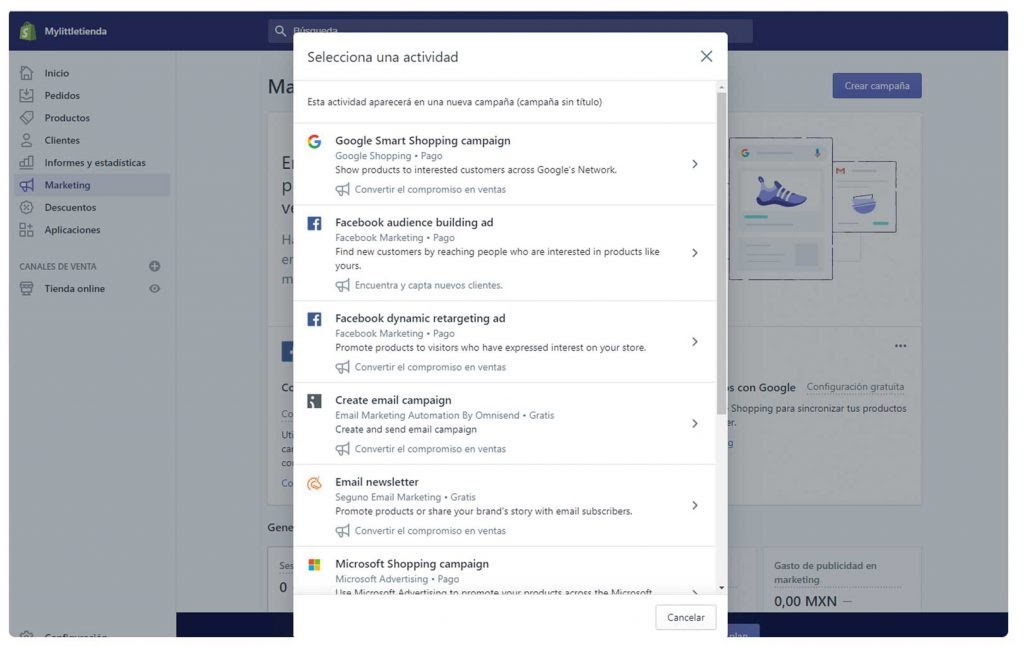 pantalla creacion de campaña shopify