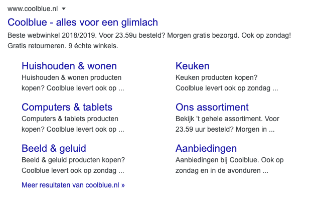 site links in zoekresultaat fragment