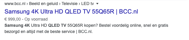 product, prijs en beschikbaarheid in de zoekresultaten