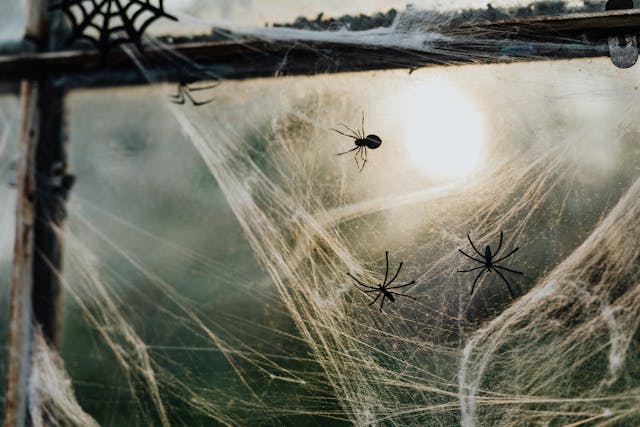 Multiple spiders sitting on a cobweb