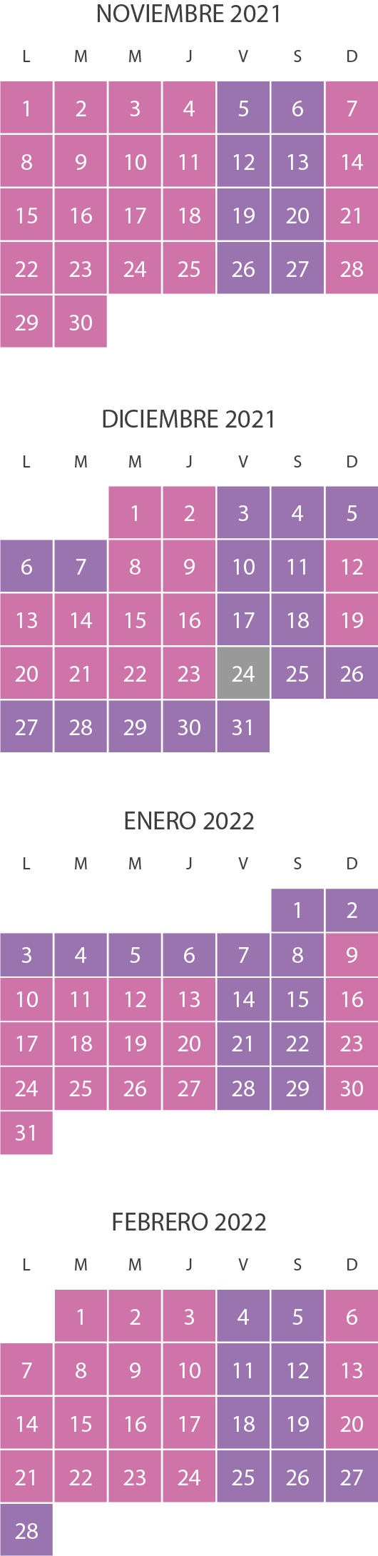 Calendario tarifas 2022