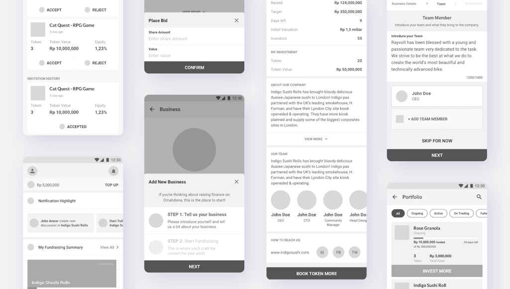 black and white hifi wireframe design