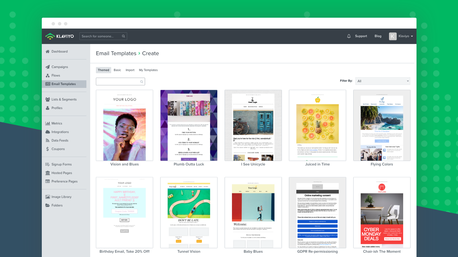 A wide selection of letter templates in Klaviyo