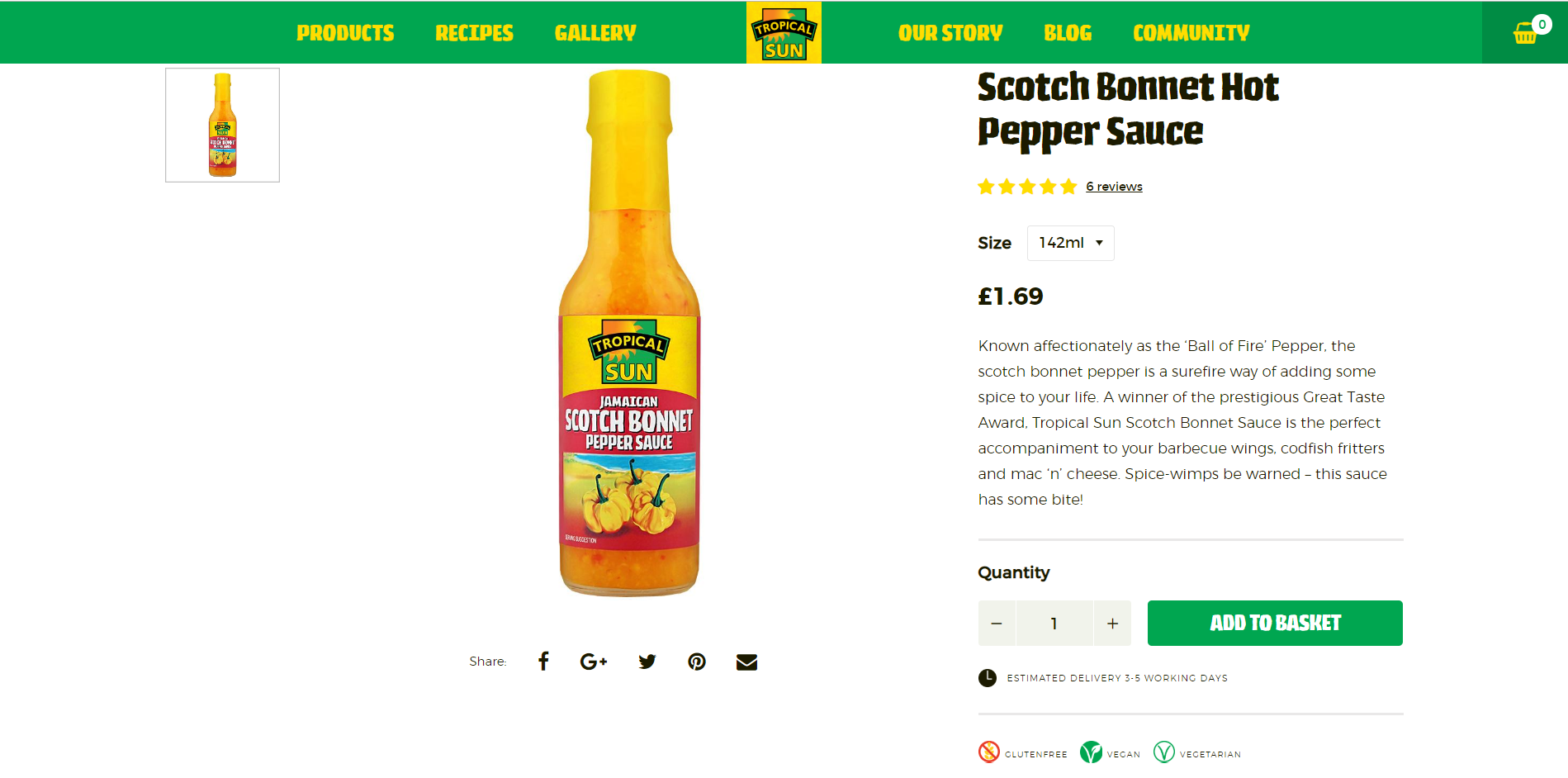 Example of product page at Tropical Sun