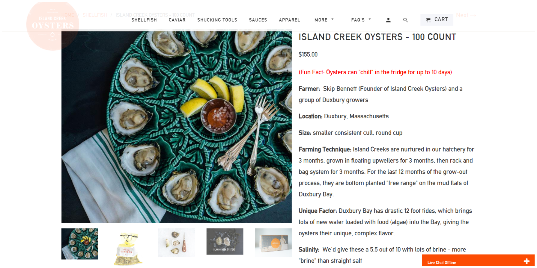 Example of product page at Island Creek Oysters