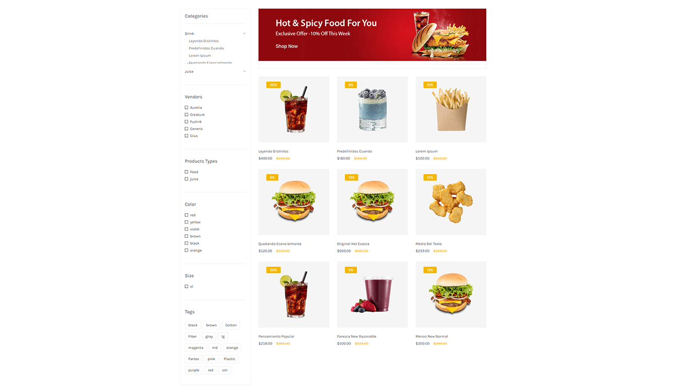 An example of a design product category page in the online food store