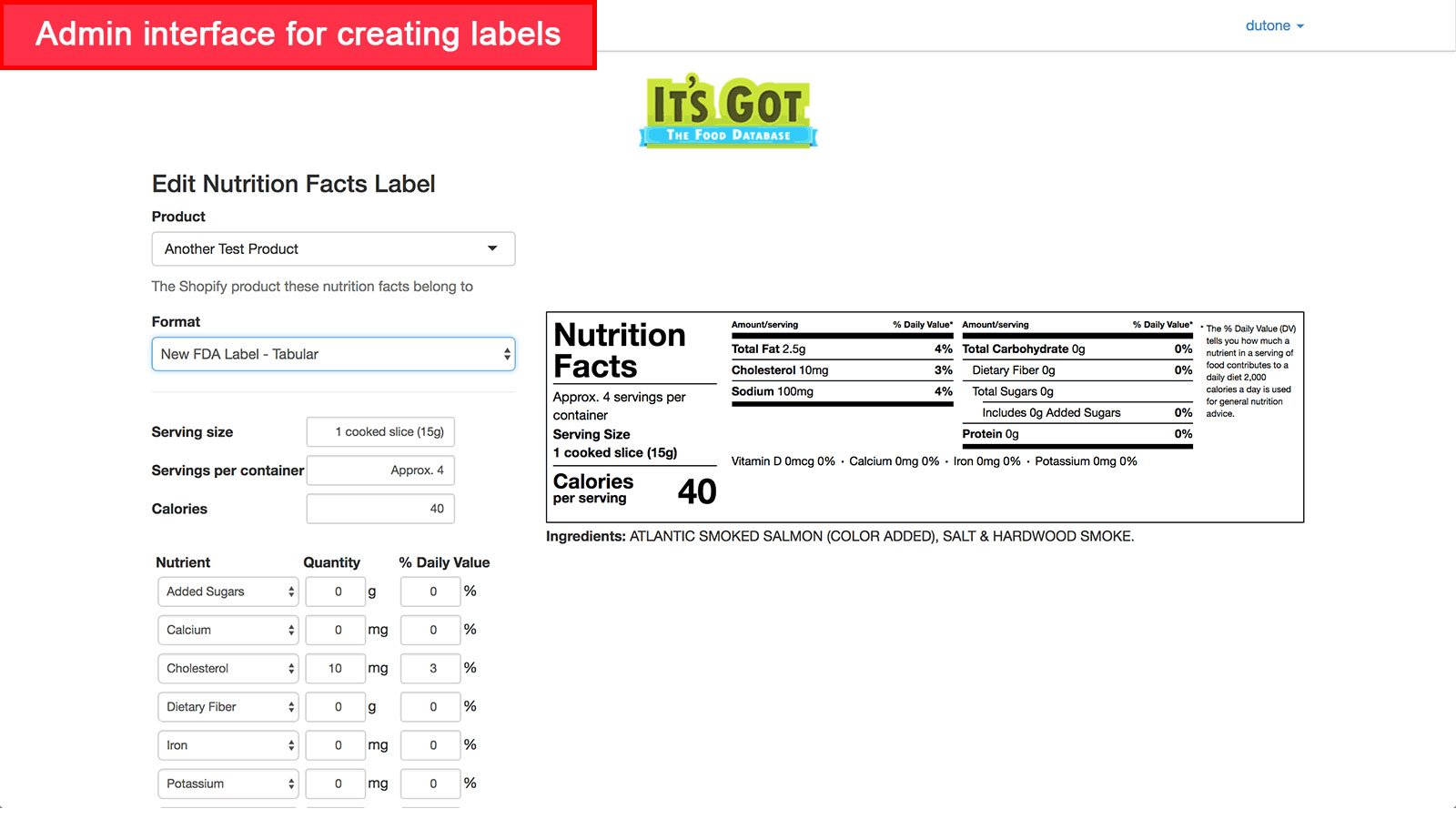 The admin interface of Nutrition Fact for creating labels in an online food store