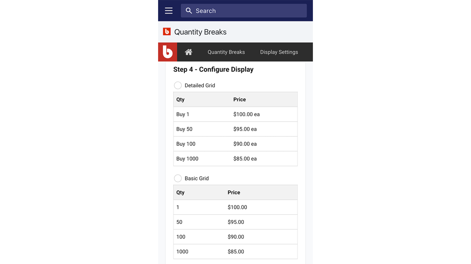 Configure display in the app Quantity Breaks in an online food store