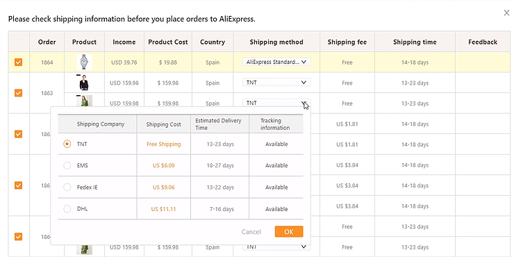 choice of shipping method