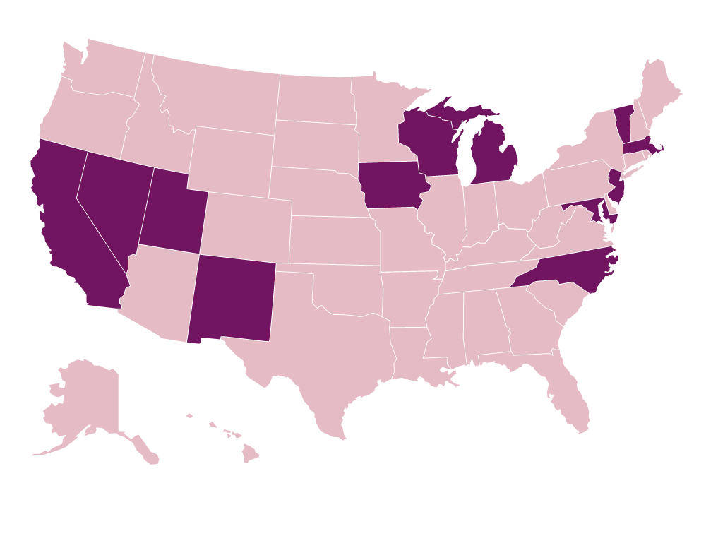United States map highlighting California, District of Columbia, Iowa, Maryland, Massachusetts, Michigan, Nevada, New Jersey, New Mexico, North Carolina, Utah, Vermont, and Wisconsin. which are all states with LEAHP teams.