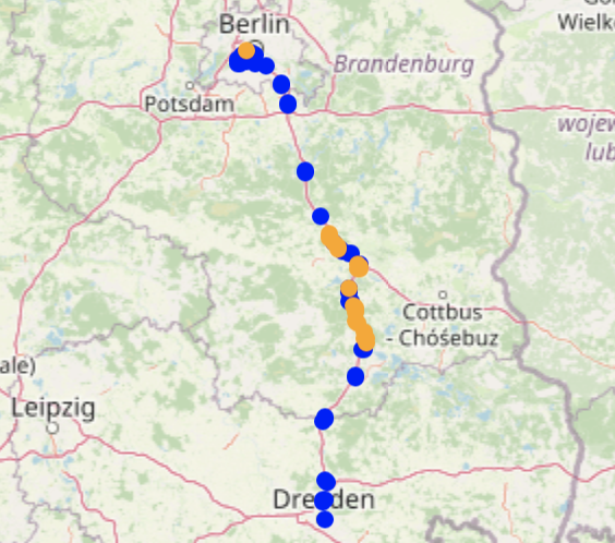 Visualization of the locations of the training (blue) and test (orange) data.
