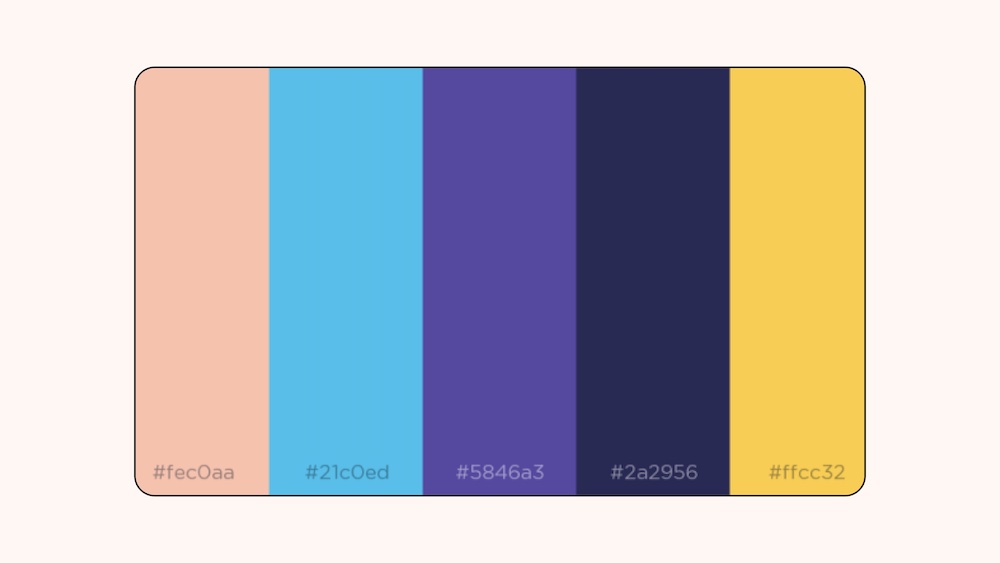 Salmon pink, light blue, purple, dark blue and yellow
