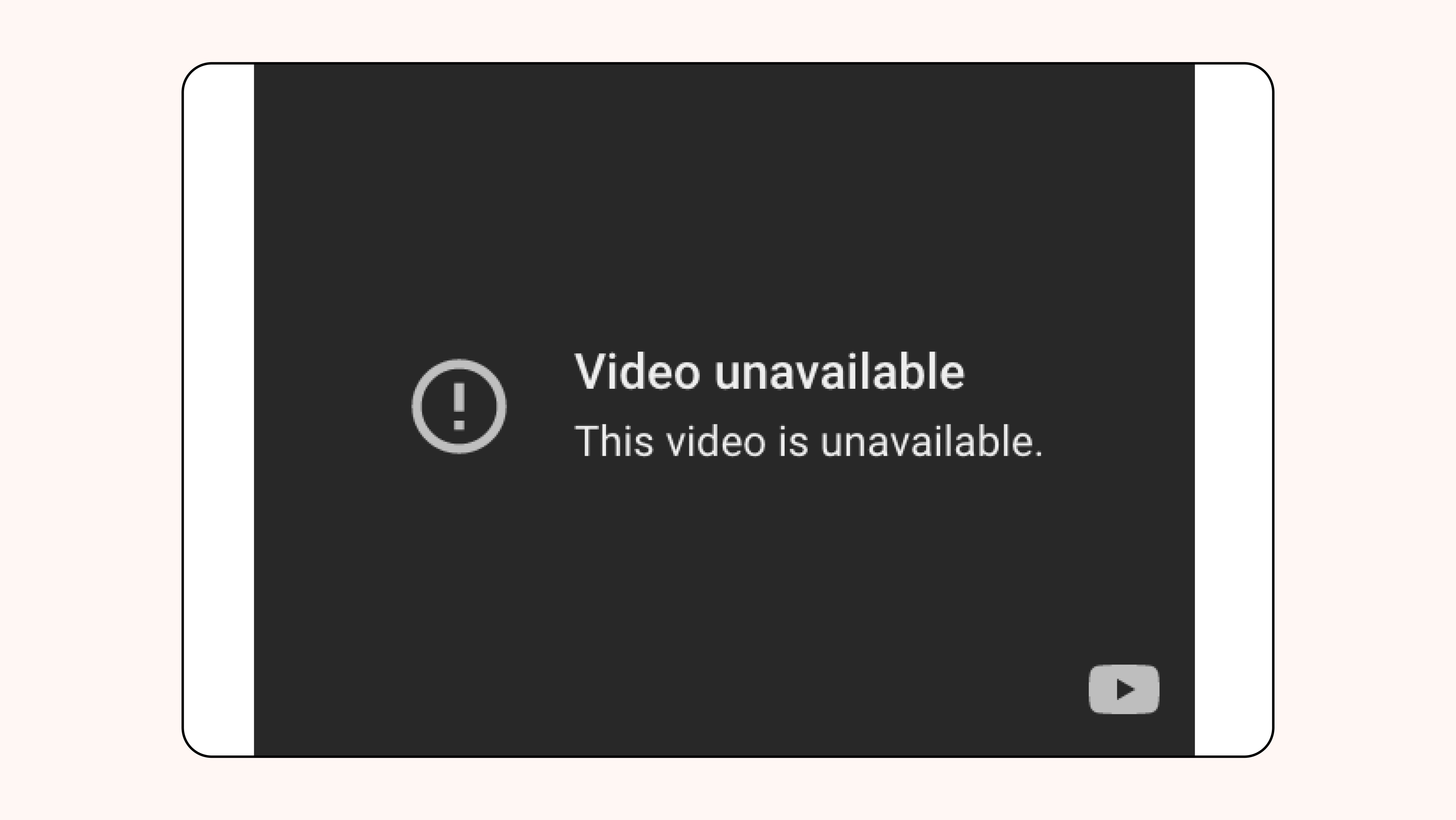 Dark screen with exclamation mark. Video unavailable. This video is unavailable. YouTube logo at the bottom
