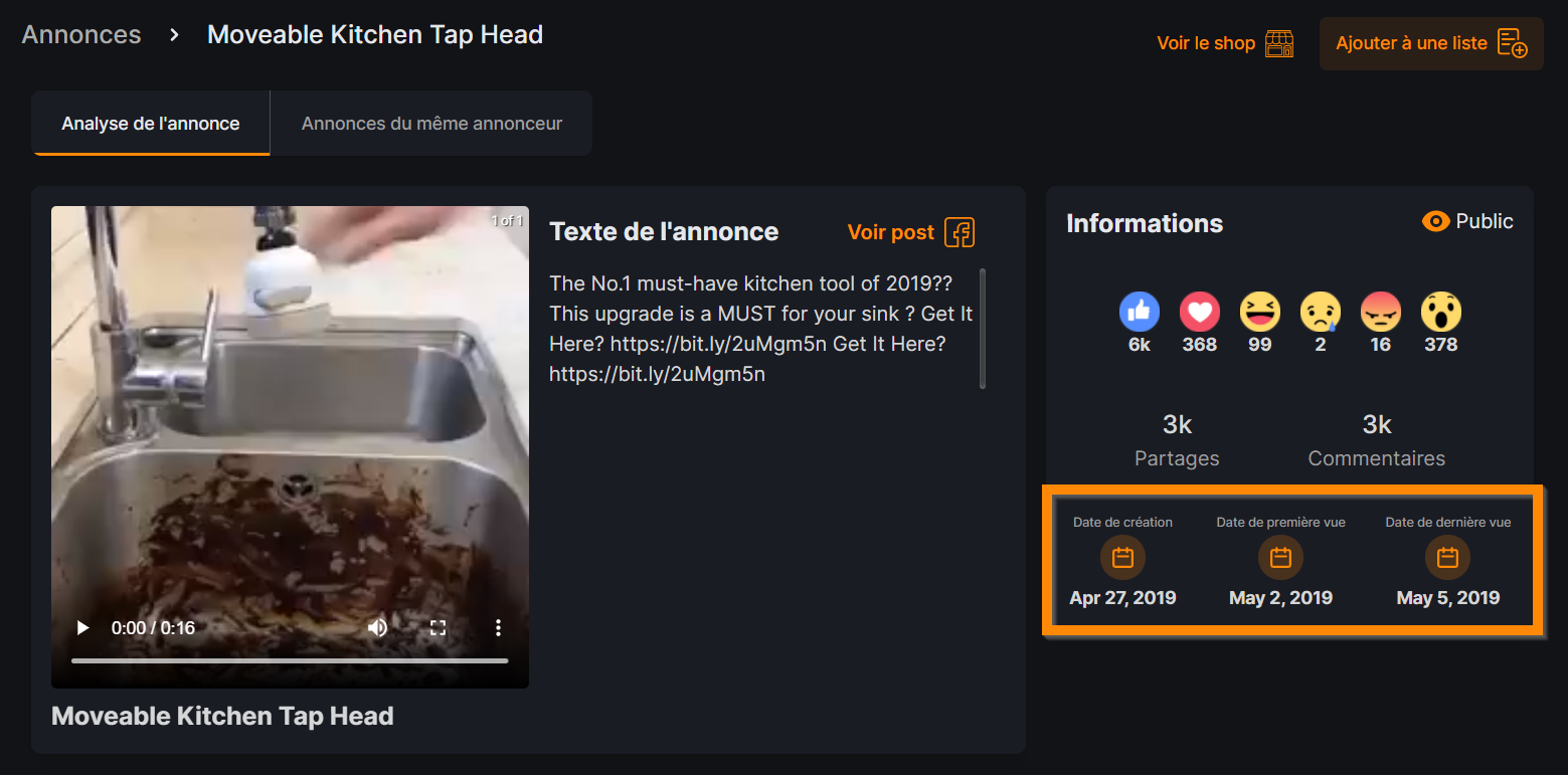 Annonce facebook ads produit dropshipping