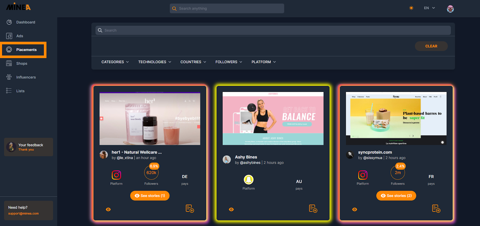 placement instagram minea