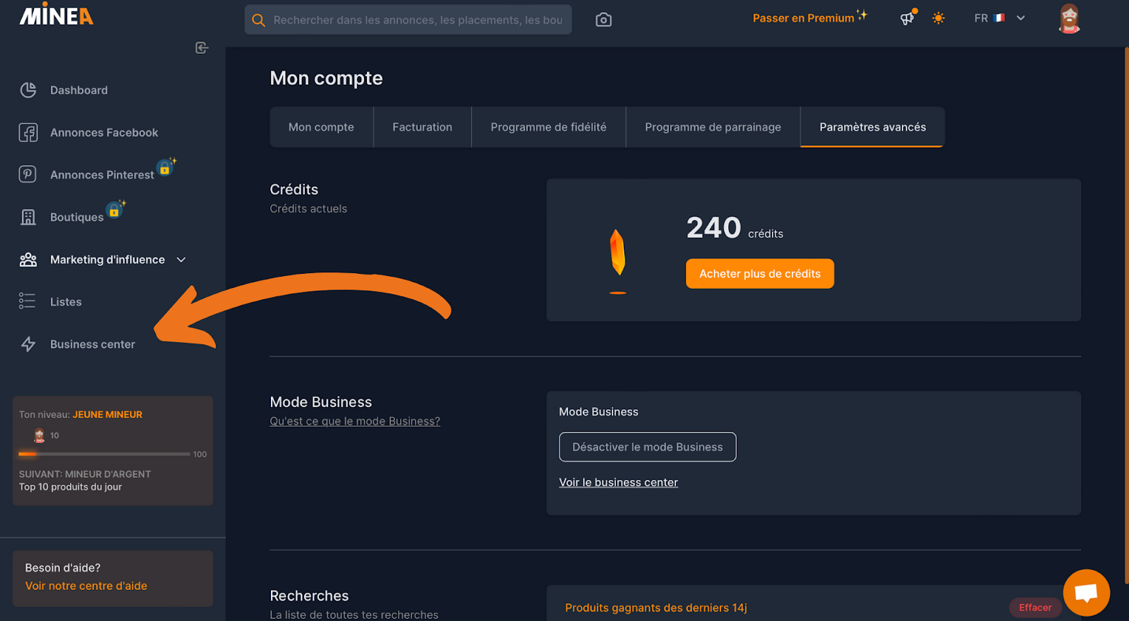 onglet “Business center” s’affiche alors sur la gauche de votre écran