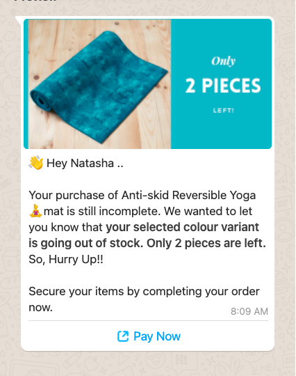 whatsapp abandoned cart recovery Shopify - FOMO around inventory