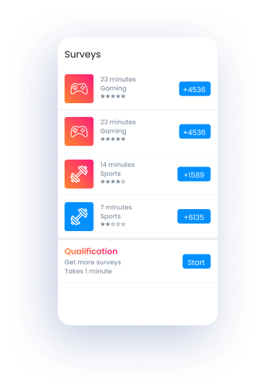 Screen surface showing available surveys and their rewards, estimated time and star rating